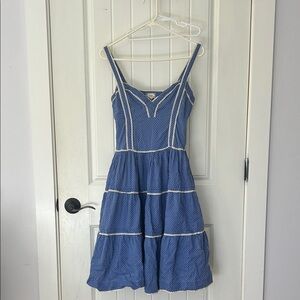 Vintage Anthropologie Viola Blue Polka Dot Dress with White Trim